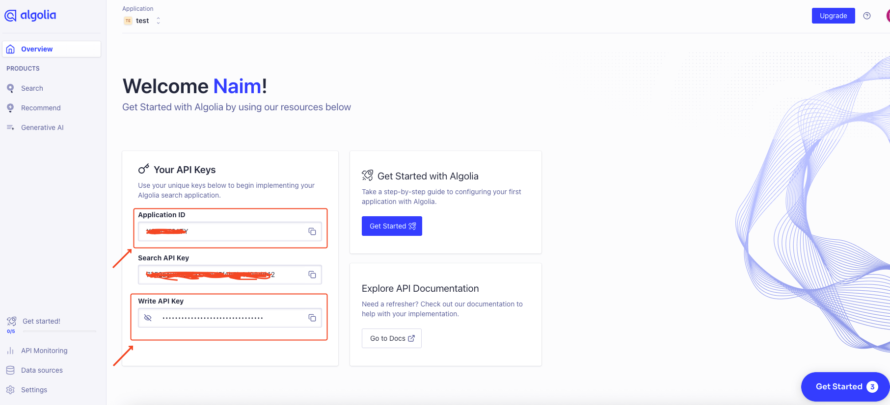 Application page on Algolia screenshot