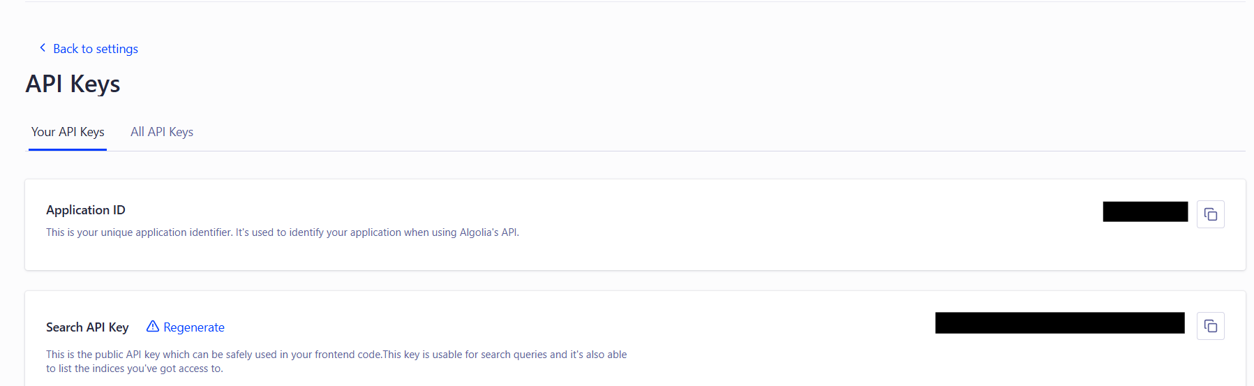 Screenshot of API Keys page; listing Application ID and Write API Key